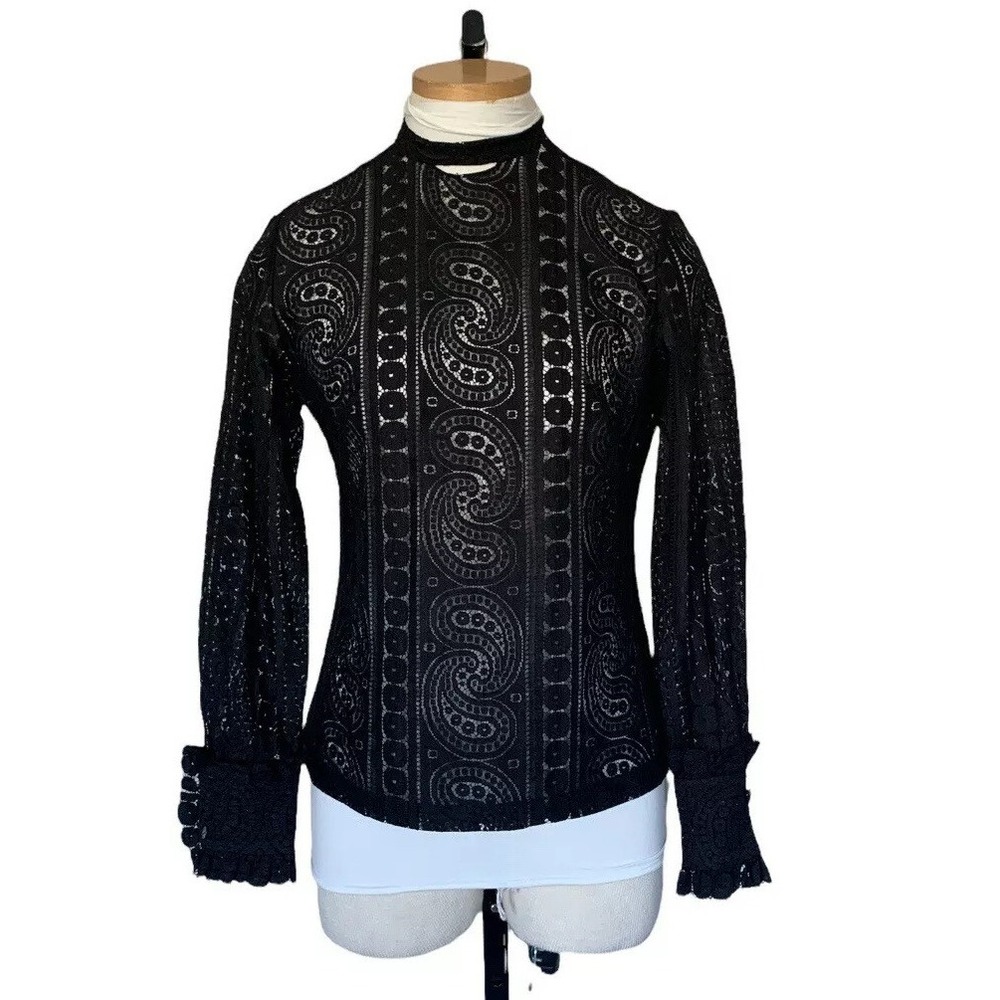 Sarda Hermanos Lace Blouse Womens 44 Black Vintage Paisley High Neck